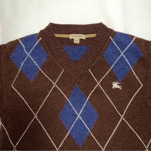 Burberry Youth Argyle V-Neck Sweater Cotton Brown Blue Diamond Striped Size 12Y - Picture 11 of 13